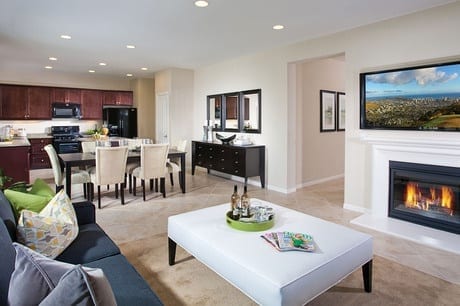 The Turnberry Model by KB Home in Riverside CA features a flowing, open space for the kitchen, family room and dining area