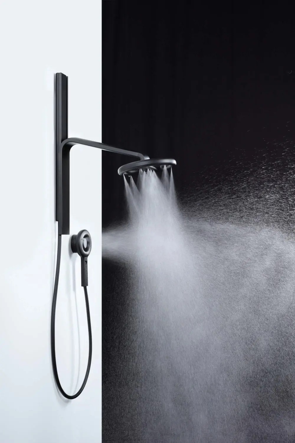 An adjustable shower arm is ideal for two-person master suites. This one is the Nebia adjustable showerhead by Moen