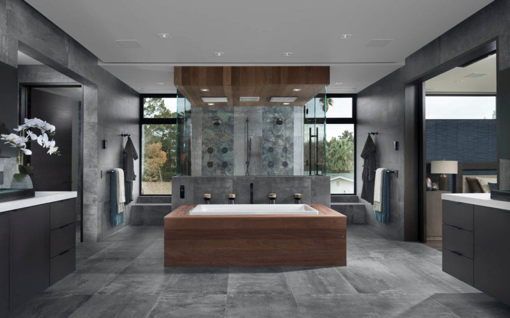 Sleek modern bathroom with a dramatic soaking tub