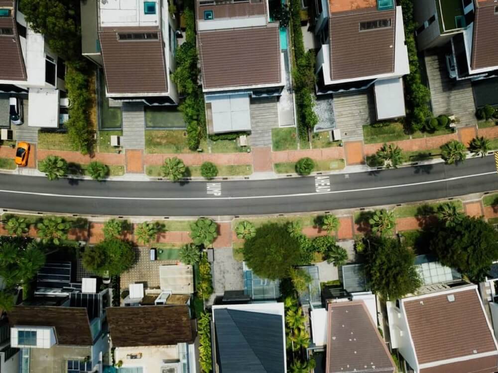 Bird's eye view of homes on residential street
