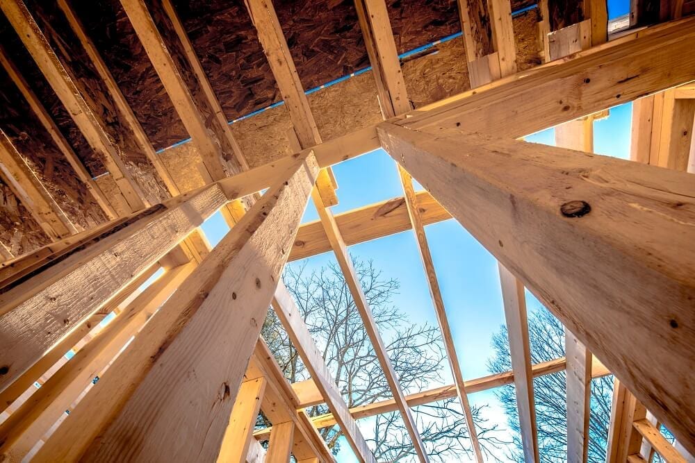 Interior of framed house in the construction process