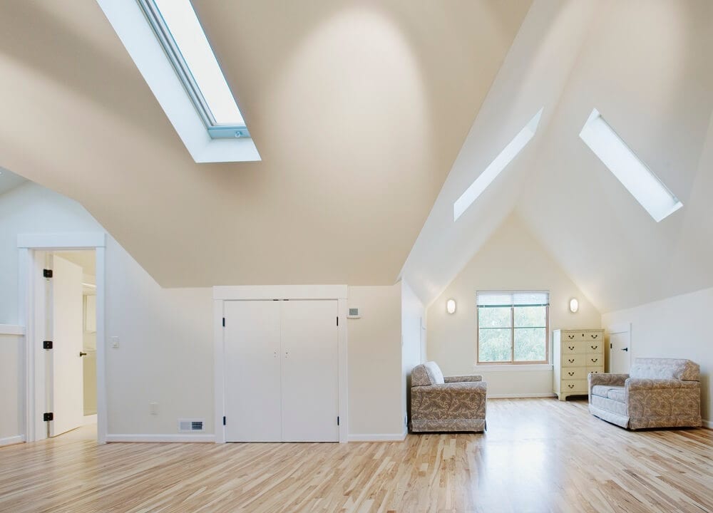 Bright room with skylights and hardwood floor