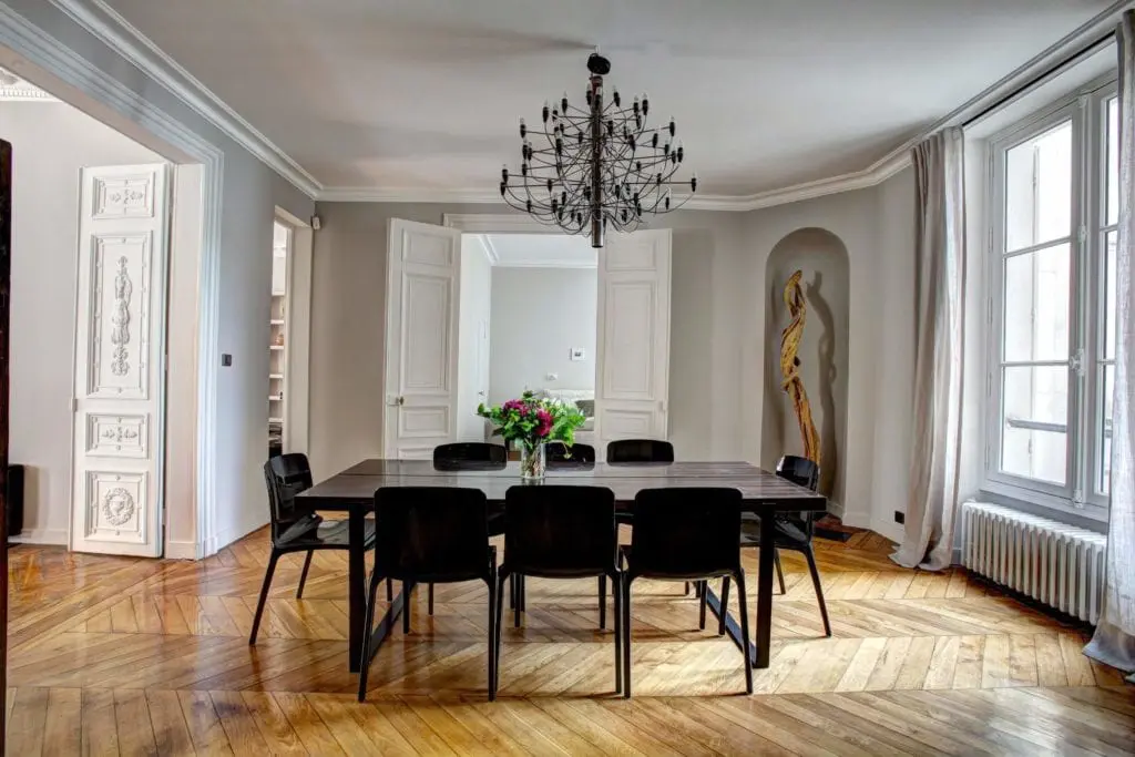 Formal dining room with custom trim and crown molding