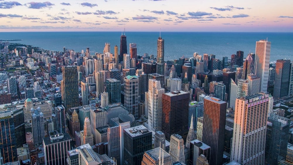 View of Chicago skyline overlooking Lake Michigan
