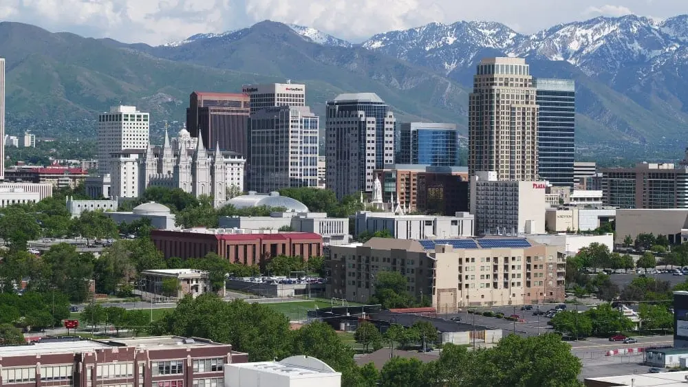 Downtown skyline of Salt Lake City with snow-capped mountains in background