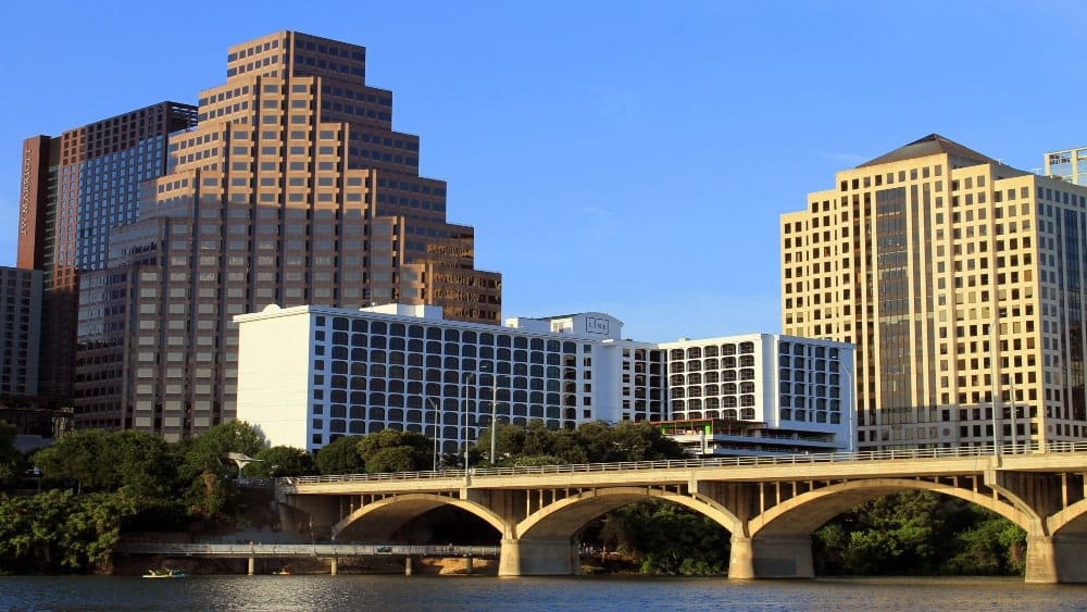 View of downtown Austin and Congress Bridge from Lady Bird Lake