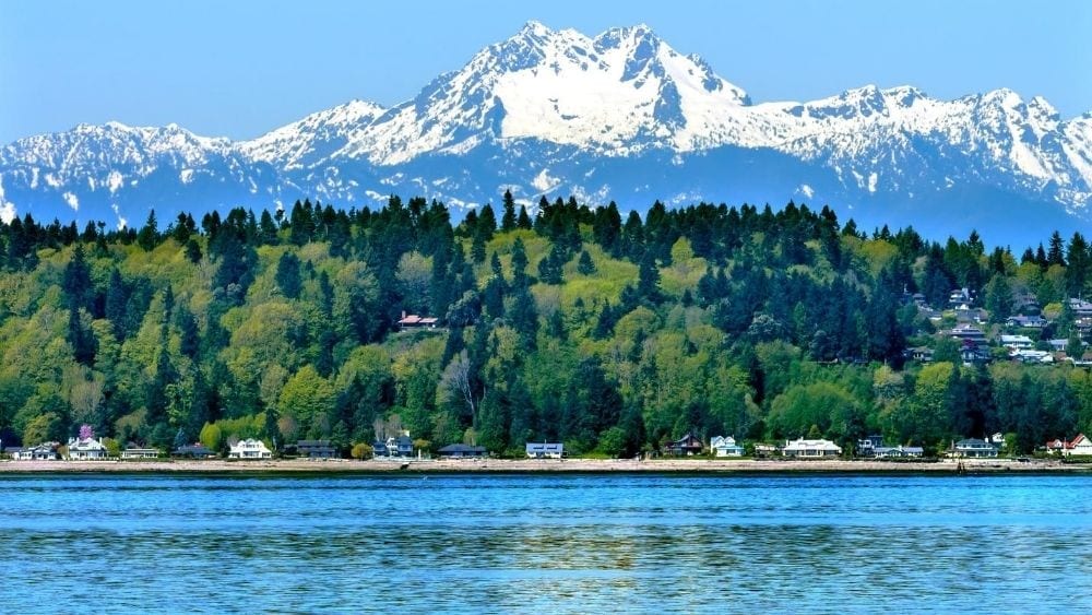 A shot from the middle of a lake, showing a shoreline with houses, and forest, and snow-capped mountains in the background.
