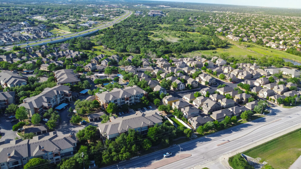 Aerial view of urban sprawl of Cedar Park, Tx