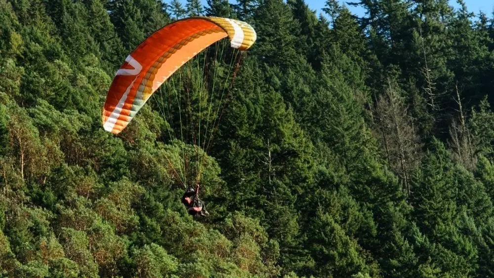 A person paragliding with an orange parachute against a tree-covered mountainside.