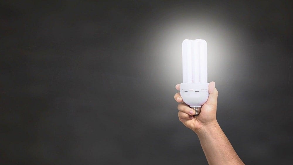 Person holding up lightbulb against dark background.