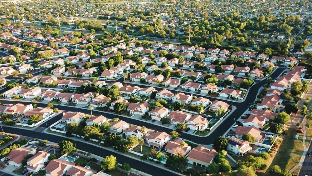 Aerial view of large suburban neighborhood.