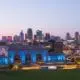 View of downtown Kansas City Missouri at twilight with Union Station in foreground