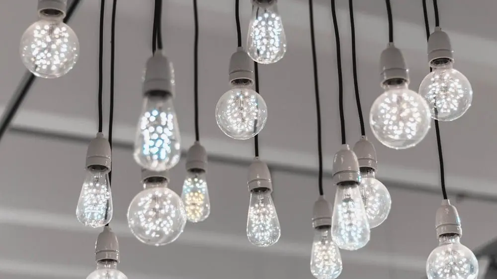 Illuminated LED bulbs hanging from the ceiling.