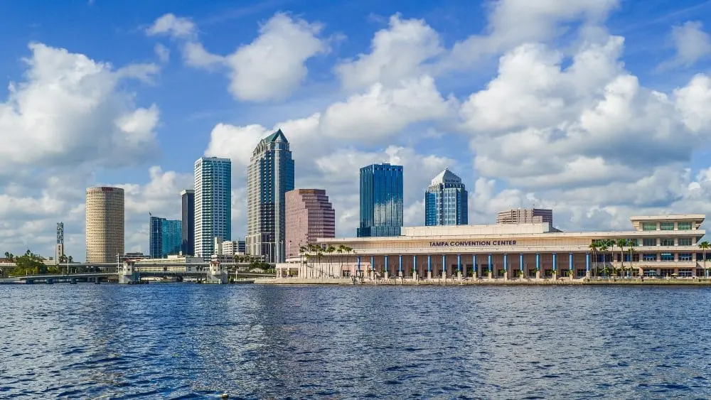 Skyline view of downtown Tampa from Tampa Bay with the convention center on the right