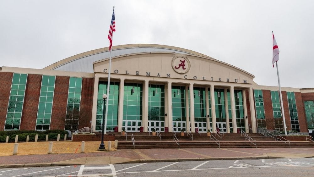 A sports building with the crimson "A," symbol of the University of Alabama.