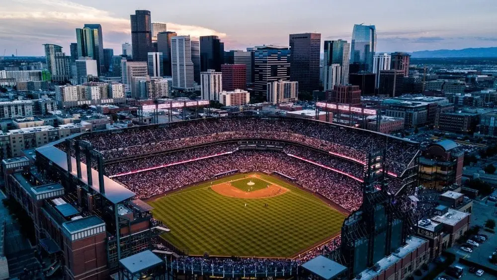View from above of Coors Field, stands filled with fans. Coors Field is home to the Colorado Rockies MLB team.