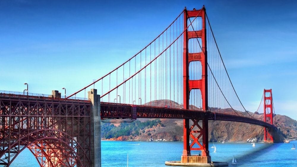 View of Golden Gate Bridge against a clear blue sky.