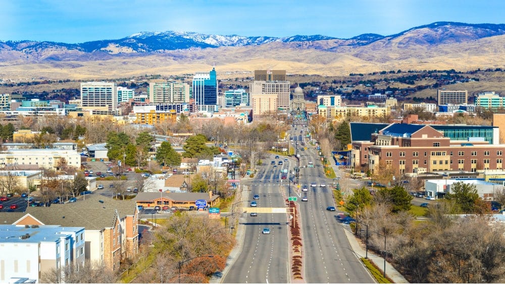 View of downtown Boise Idaho with snow-capped mountains in background