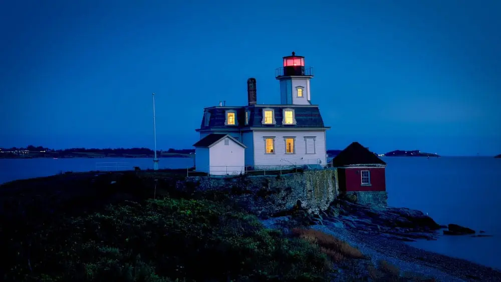 Dusk view of Rose Island Lighthouse, Rhode Island