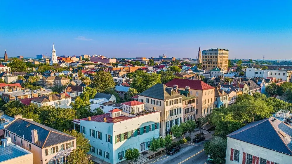 Aerial shot of Rainbow Row in Charleston, SC.