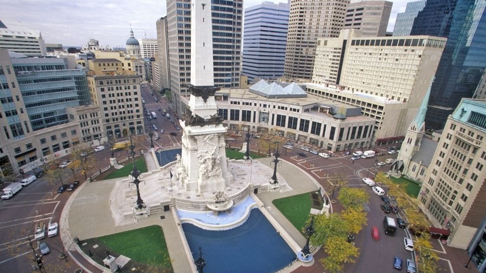 View from above of Indianapolis' circular town square.