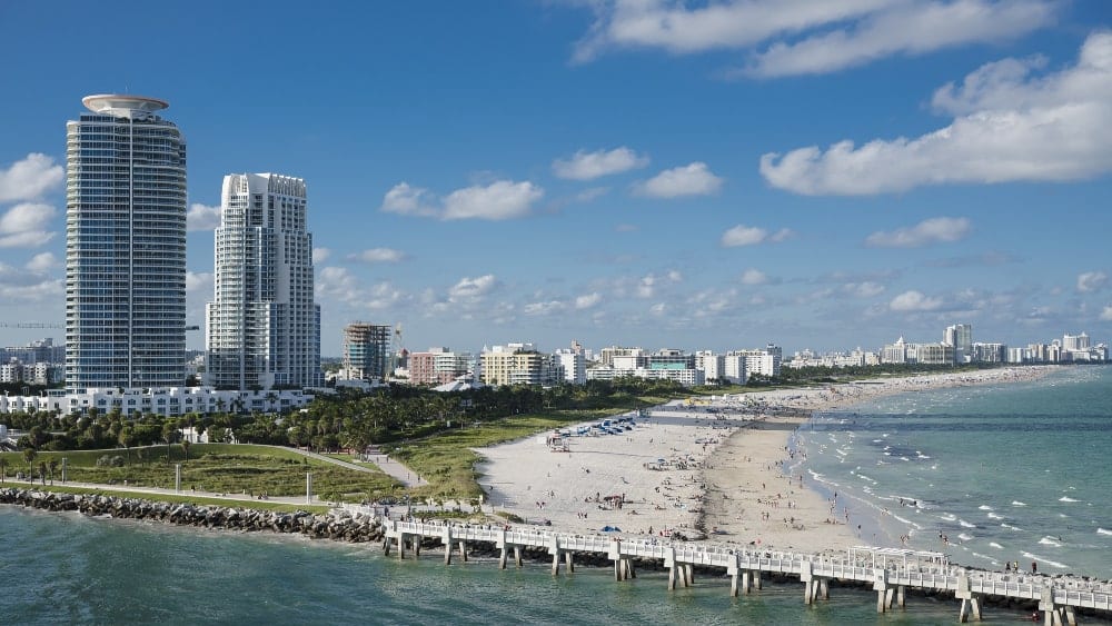 View of Miami Florida coastline and beaches with condo high-rises in background
