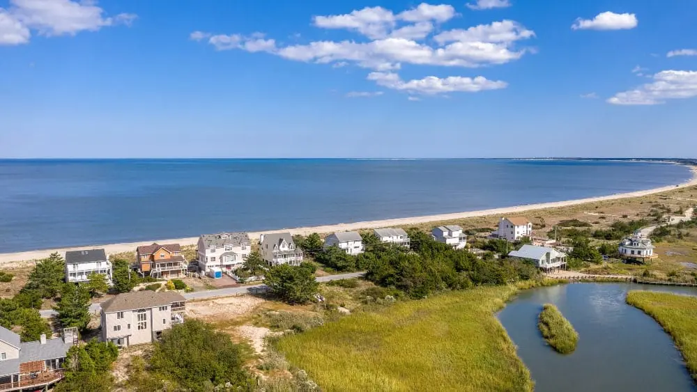 Homes line sandy beaches along the Atlantic shoreline in Delaware