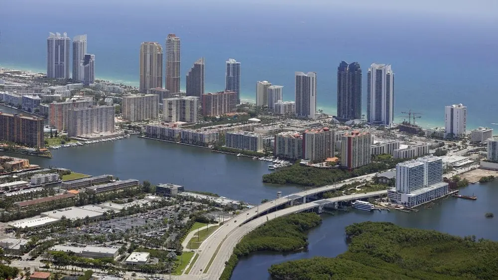 Aerial shot of downtown Sunny Isles Beach, FL.