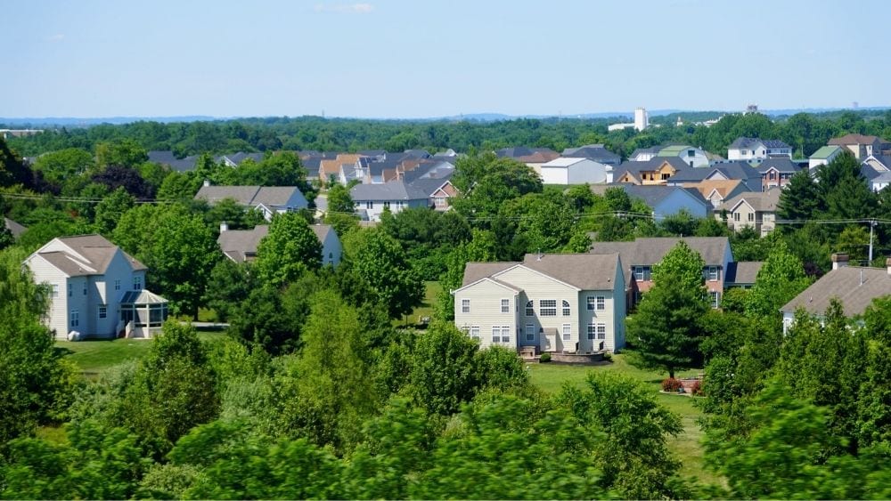 A Delaware suburb with large houses and lots of trees.