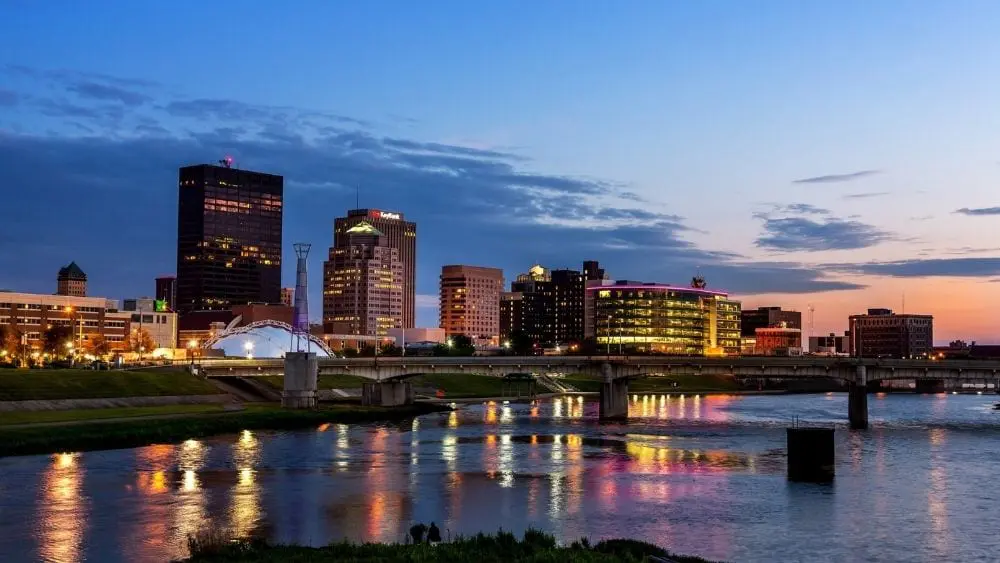 Dayton, Ohio skyline at sunset from the river.