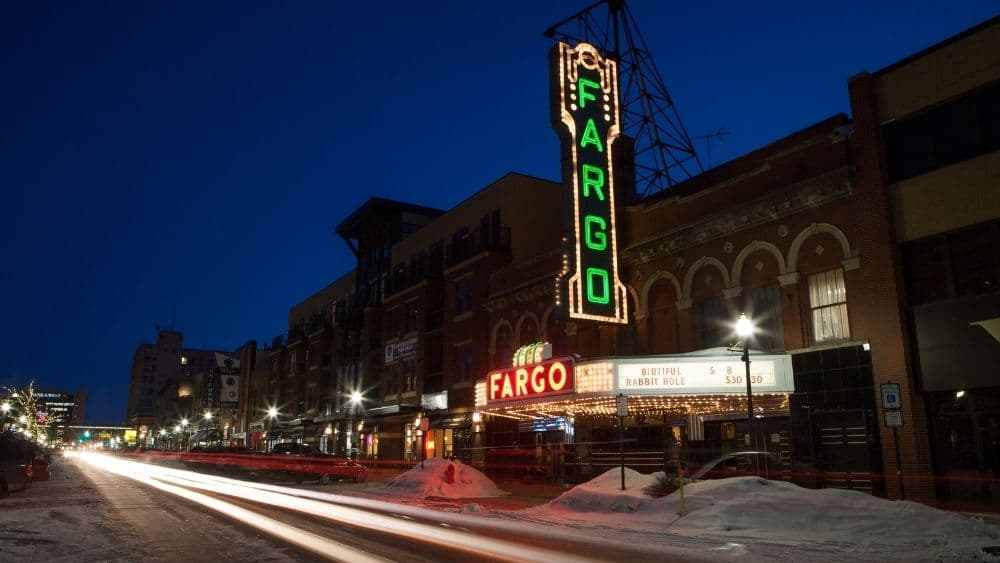 The Fargo Theater in downtown Fargo at night.