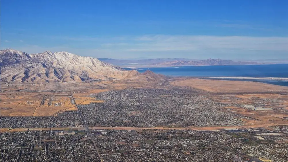 Angled aerial of West Jordan and the Salt Lake.