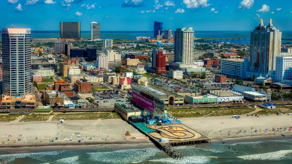 View of Atlantic City New Jersey skyline, including beach and boardwalk