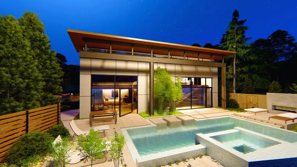 Modern home with pool and contemporary shed roof line