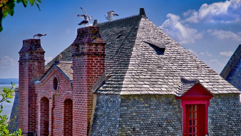 Slate roof and red-brick chimneys on a French home with seagulls perching on top