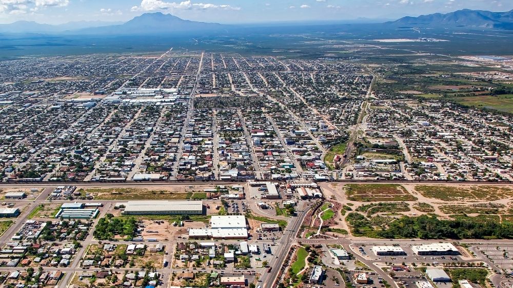 aerial view of Douglas arizona with mountains in background