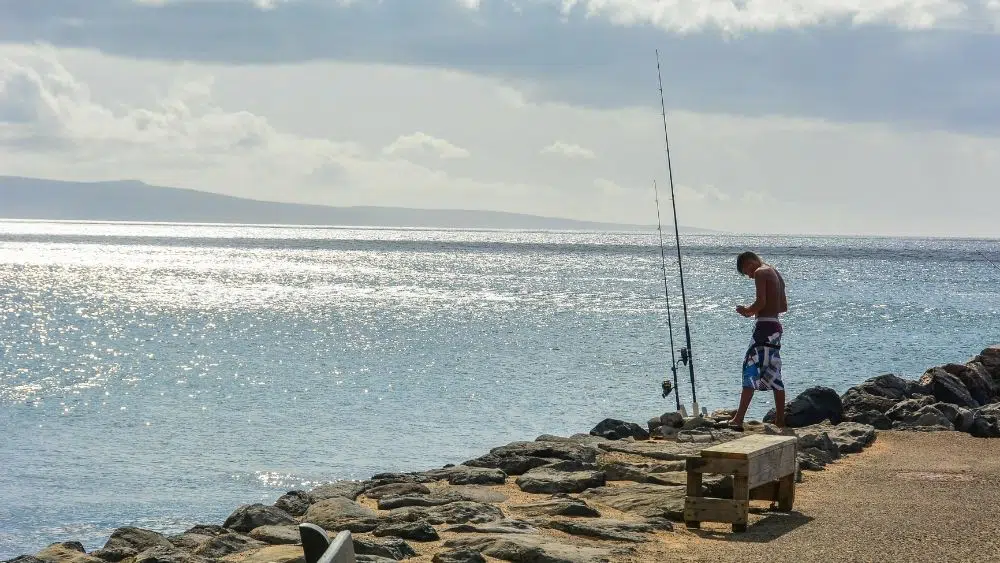 man fishing on coast in kihei, hawaii