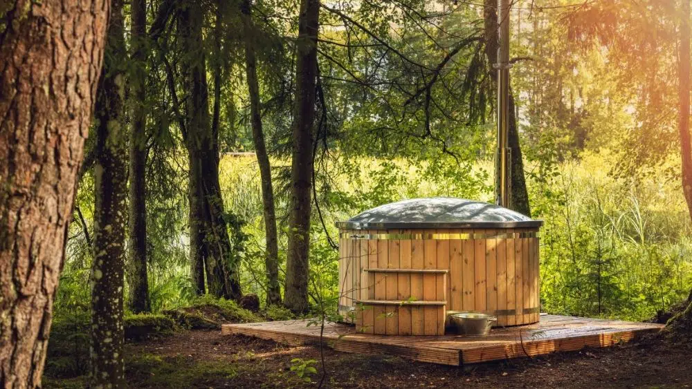 wood fired hot tub in the woods