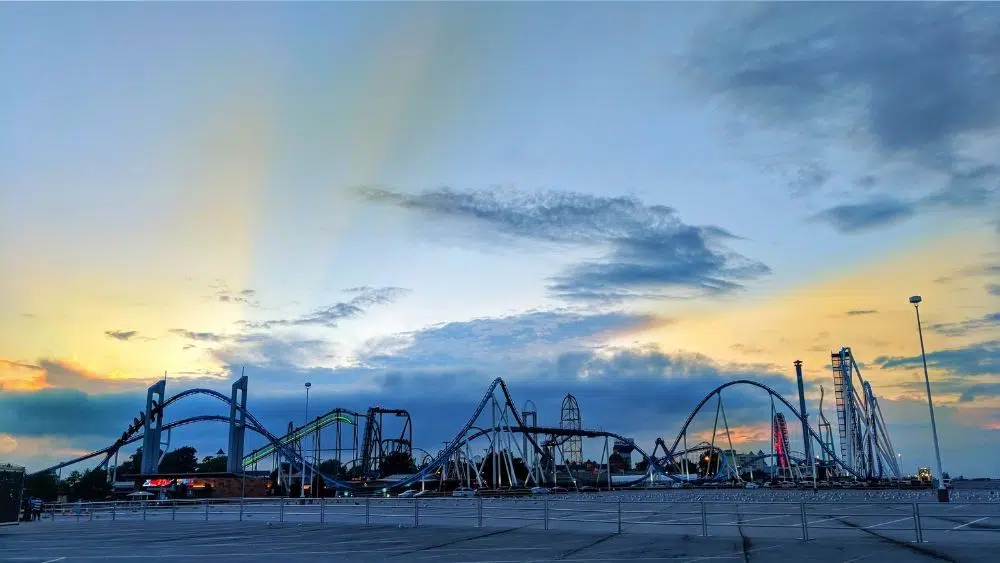 Skyline of Cedar Point theme park in Sandusky, Ohio.