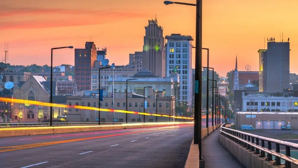 View of the Youngstown, Ohio skyline at sunset.