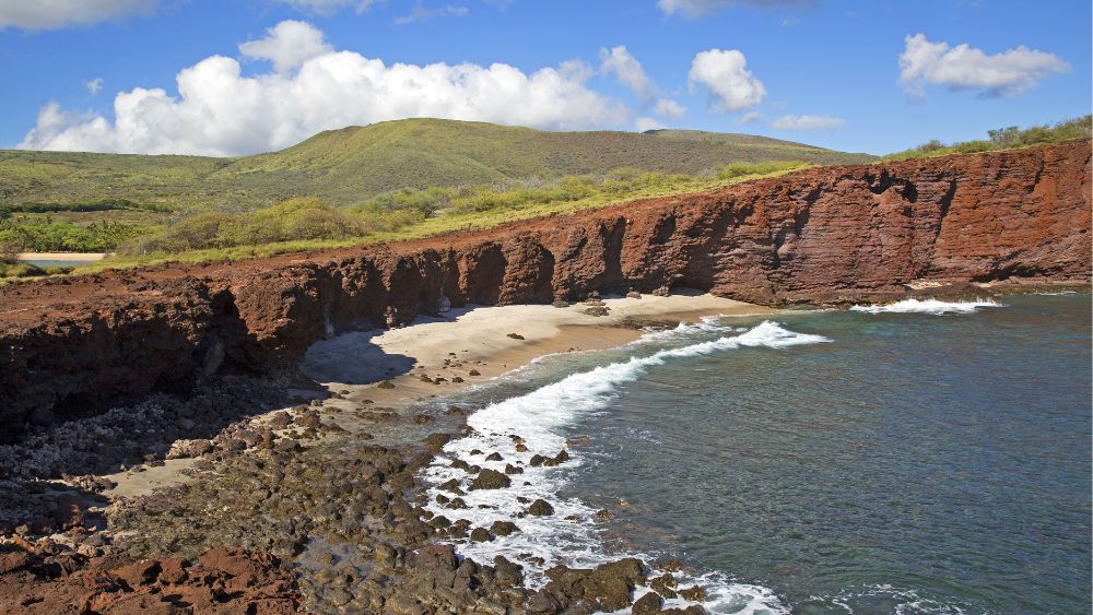 Red cliffs of Lanai Island in Hawaii.