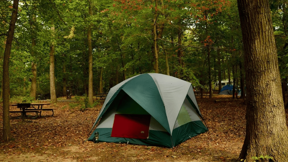 Green camping tent with red door at Greenbelt Park campground site