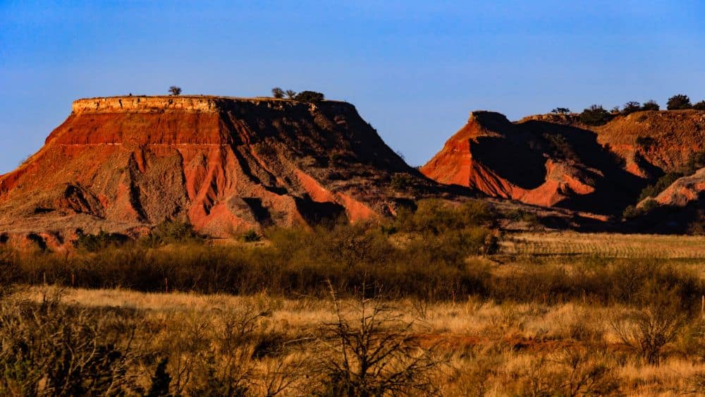 View from a distance of a red mountain that plateaus, overlooking dry grass and trees.