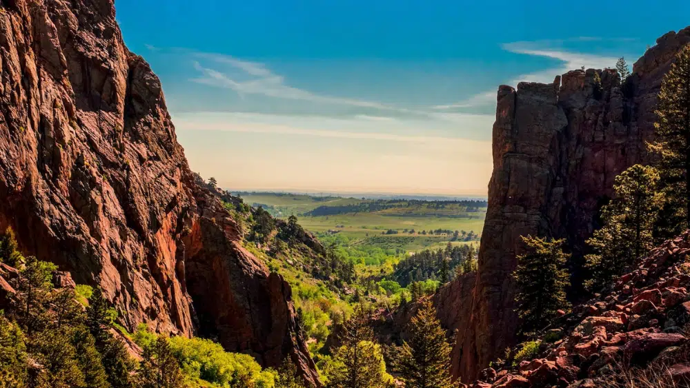 View of cliffs on a sunny day at El Dorado Canyon State Park, Colorado.