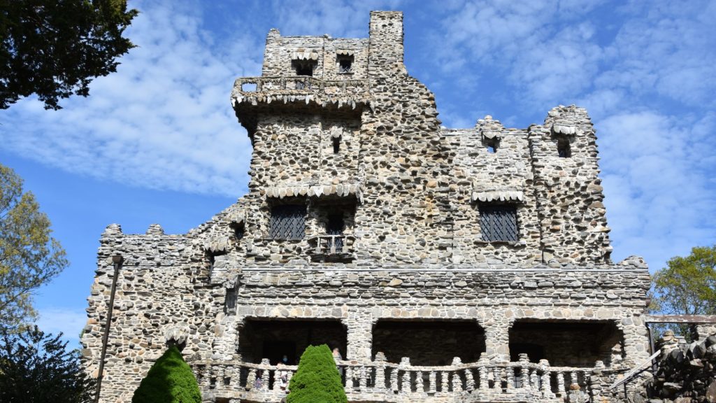 View of the home of stage actor William Gillette, who designed it to look like a stone medieval castle. On the grounds of Gillette Castle State Park in East Haddam, Connecticut.
