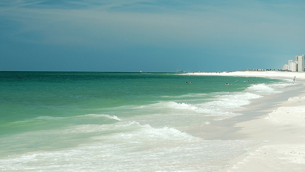 View of sand and surf at Gulf Shoes, Alabama.