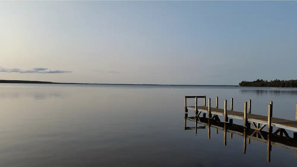 View of a lake and pier at Indian Lake State Park, Ohio.