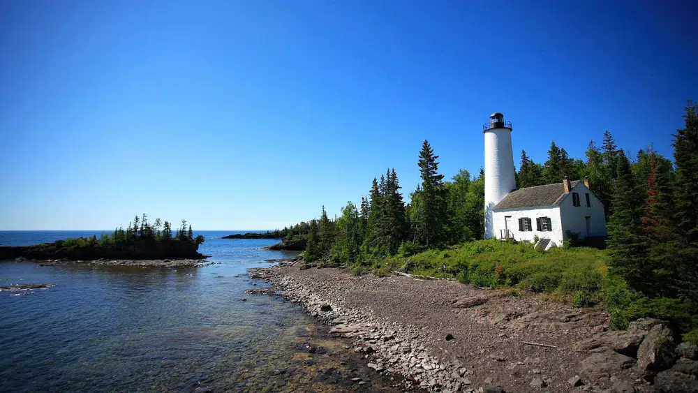 Daytime view of Rock Harbor Lighthouse at Isle Royale National Park, Michigan.