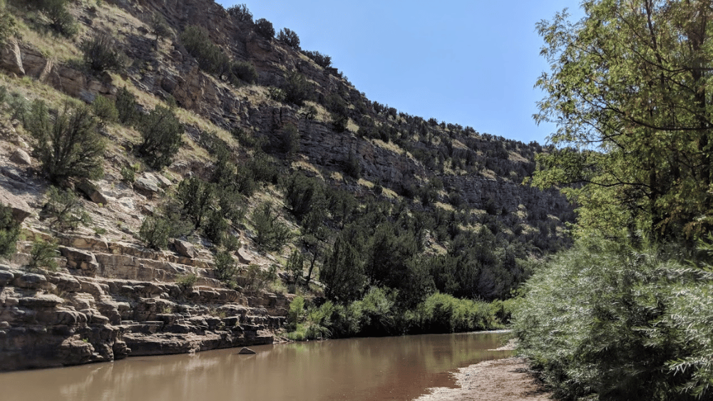 View of upriver at Pecos River at Villanueva State Park, New Mexico.