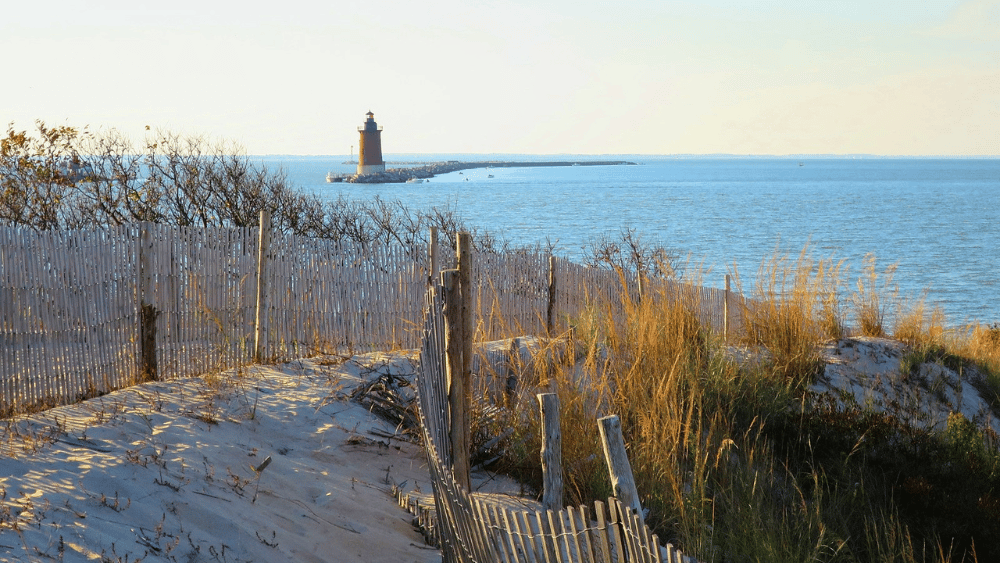 View of sandy beach and lighthouse at Cape Henlopen State Park, Delaware.